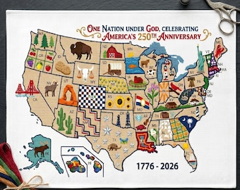 USA Map Cross Stitch Pattern PDF, America 250th Anniversary Folk Art Sampler, Fourth of July Chart