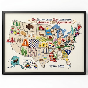 May include: Framed artwork featuring a detailed map of the United States, showcasing each state with unique illustrations. The artwork celebrates America's 250th anniversary, with the years 1776-2026 displayed. The text "One Nation Under God" is also included.