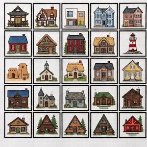 May include: A white fabric square featuring a grid of twenty-five cross-stitched house designs in various architectural styles and colours. Three skeins of embroidery floss in dark blue, olive green, and maroon, plus silver metal scissors.