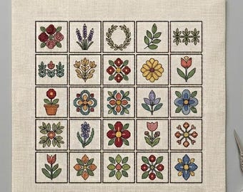 Mini modèle de point de croix à télécharger au format PDF | Echantillonneur de broderie de plantes florales suspendues en pot Cottagecore | Plantes d'intérieur à petites fleurs