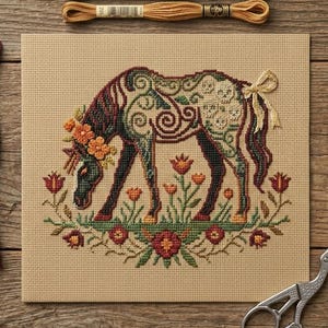 May include: A square piece of tan Aida fabric featuring a cross-stitch design of a horse decorated with floral patterns and skulls, surrounded by flowers. Four skeins of embroidery floss in burgundy, green, and gold, and metal scissors.