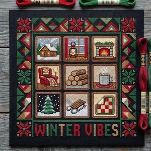 Winter Season Christmas Quilt Block Pattern PDF Download | Winter Quilt Primitive Sampler Homedecor | Modern Cross Stitch A Long Chart