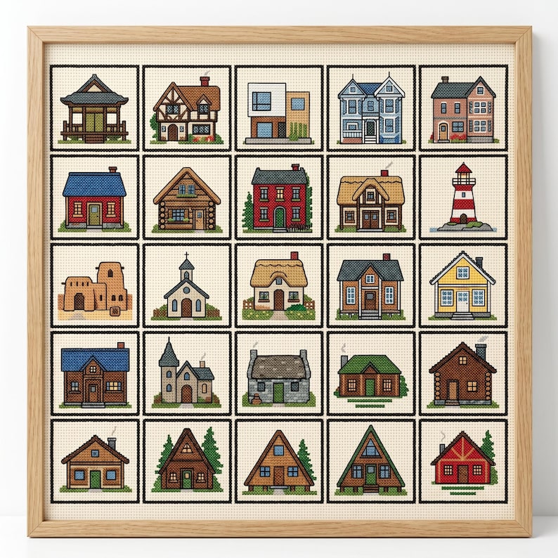 Tiny 25 Village Cross Stitch Pattern PDF | Whimsical Town Sampler ...