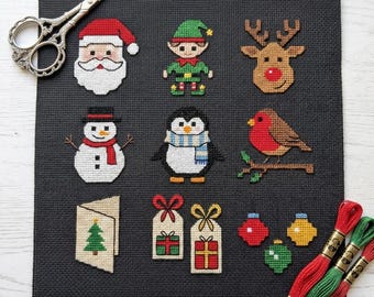 Motif de broderie de Noël | Père Noël elfe au point de croix | Petit bonhomme de neige moderne en hiver | Pointe de Croix Pointe de Cruz