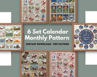 12 Monate Kalender Kreuzstich Bündel 6 Muster Wald Fuchs Himmel Himmel | Stichmuster Juli Kalender Stickmuster als PDF zum herunterladen