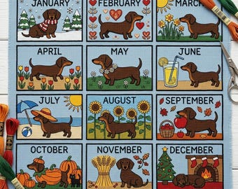 Calendrier d'échantillonnage de broderie Kawaii teckel chien 2027 modèle 12 mois Doxie jours animal compté point de croix téléchargement numérique