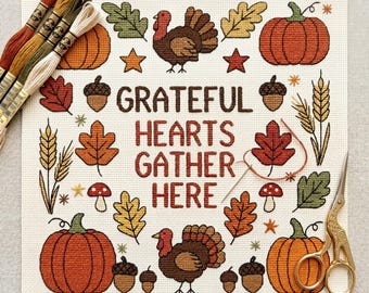 Modèle de point de croix citrouille dinde de Thanksgiving en téléchargement numérique | Décoration d'automne pour Thanksgiving | Tableau d'échantillons de broderie Give Thanks