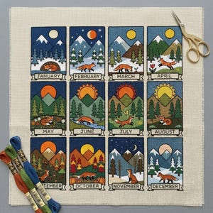 2027 Kalender Kreuzstich 12 Monatlich Saisonales Volkskunst Muster | Monthly Stitch A Long Embroidery Sampler PDF Download