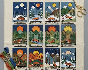 Calendrier 2027 point de croix, 12 mois, motif saisonnier d'art folklorique | Echantillon de broderie mensuel pour points longs à télécharger