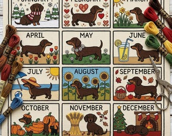 Kawaii Kreuzstich Dackel Hund 2027 Kalender Stickmuster Vorlage 12 Monate Doxie Tage Haustier Kreuzstich Digitaler Download