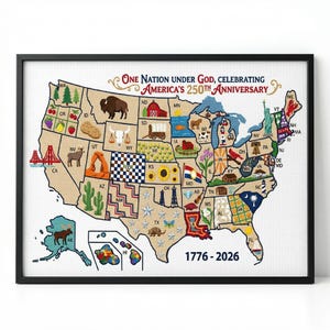 May include: Framed map of the United States, celebrating America's 250th Anniversary. Each state is illustrated with iconic symbols and landmarks. The text "One Nation Under God" is displayed above the map, with the years 1776-2026 below.