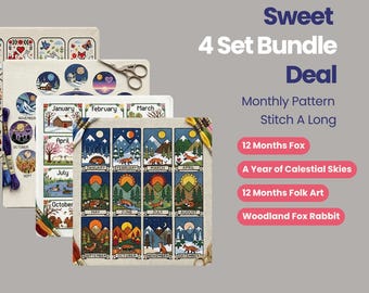 Lot de 4 calendriers 12 mois au point de croix, 4 motifs, renard des bois, ciel céleste | Echantillon de broderie pour le calendrier de juillet Stitch Along PDF à télécharger