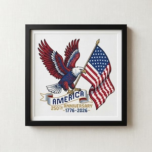 Puede incluir: Obra de arte enmarcada que representa un águila roja, blanca y azul con las alas extendidas, sosteniendo una bandera estadounidense. La pancarta dice "AMERICA 250TH ANNIVERSARY 1776-2026". La obra está en un marco negro.