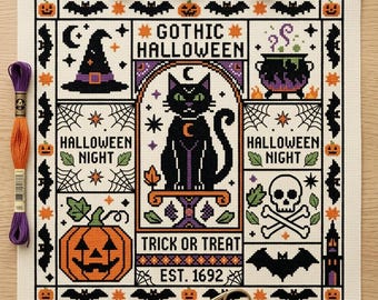 Halloween Black Cat Gothic Cross Stitch Pattern Witch Sampler Spooky Pumpkin Skull Trick or Treat PDF Digital Download Chart