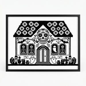 May include: Black and white cross-stitch art of a spooky house with a sugar skull, skeletons, and ghosts. The house has a decorative roof and is framed in a black border. The artwork is perfect for Halloween.