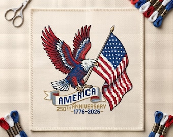 250e anniversaire drapeau motif point de croix, 250e anniversaire de la liberté des États-Unis, 1776-2026 Patriotic Sampler Eagle Chart Instant PDF
