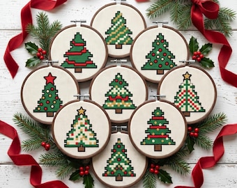 9 motif de point de croix de sapin de Noël | Village d'hiver de la rue du Père Noël | Echantillon de Noël Décoration PDF à télécharger Echantillonneur primitif