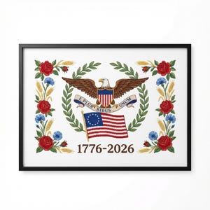May include: Framed print featuring a patriotic design with an eagle, banner, and American flag. The artwork is surrounded by red roses, blue cornflowers, and wheat. The text "E Pluribus Unum" and "1776-2026" are also included.