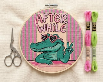 Plus tard, alligator preppy crocodile, point de croix, girly, alligator, coeur, lunettes de soleil, animal drôle avec coeur, lunettes de soleil, PDF, téléchargement immédiat