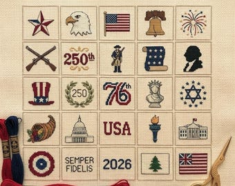 250 ans de liberté Mini point de croix Amérique 250 demi-centenaire | Fête de l'indépendance | Tableau des échantillons de broderie pour débutants à télécharger