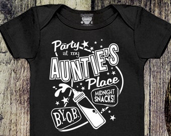 Party at My Auntie&#39;s Place Baby Bodysuit, Cute Baby Gift from Auntie, Funny Aunt Bodysuit, I Love My Auntie Shirt, Auntie Baby Bodysuit