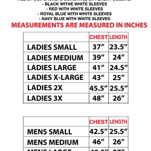 Może przedstawiać: Tabela rozmiar&oacute;w dla kurtek, pokazująca wymiary klatki piersiowej i długości w calach dla rozmiar&oacute;w męskich i damskich. Tabela zawiera rozmiary od S do 3X.
