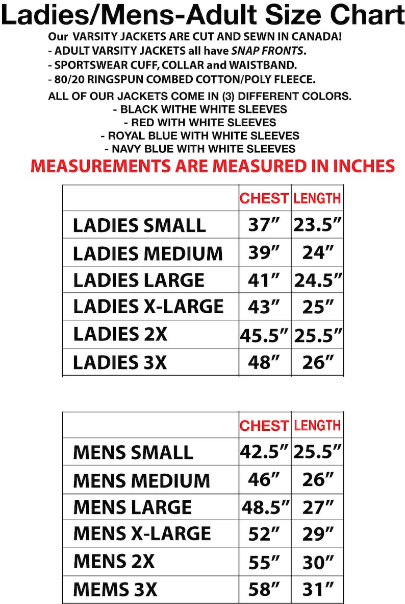 Może przedstawiać: Tabela rozmiar&oacute;w dla kurtek, pokazująca wymiary klatki piersiowej i długości w calach dla rozmiar&oacute;w męskich i damskich. Tabela zawiera rozmiary od S do 3X.