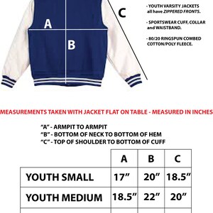 May include: Youth size chart for varsity jackets. The chart includes measurements in inches for Youth Small, Medium, Large, and X-Large. Measurements are taken with the jacket flat on a table. The jackets are cut and sewn in Canada.