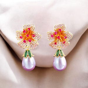 Gold Flower Pearl Drop Earrings – Cubic Zirconia, Ruby, Green Accents, Statement Jewelry