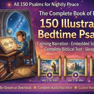 Puede incluir: Portada ilustrada de un libro titulado "150 Salmos Ilustrados para la Hora de Dormir". La imagen muestra a un niño con auriculares escuchando audio, con un fondo de cielo estrellado. El texto menciona narración calmante y paisajes sonoros integrados.