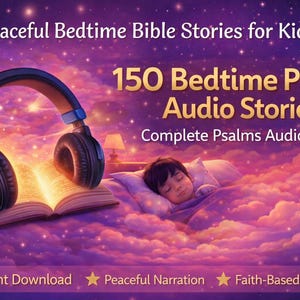 Może przedstawiać: Ilustrowana reklama dla "Peaceful Bedtime Bible Stories for Kids". Obraz przedstawia dziecko śpiące w łóżku z chmur, ze słuchawkami na otwartej książce. Tekst zawiera "150 Bedtime Psalm Audio Stories" i "Complete Psalms Audiobook".