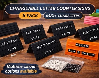 Letreros de mostrador con letras intercambiables (paquete de 5) – Exhibidores de precios para cafeterías y panaderías