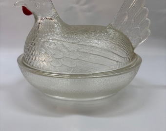 Vintage Clear Glass Hen on Nest Dish with Red accents