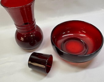 Vintage Ruby Red Glass Bowl, Vase, Toothpick Holder Set