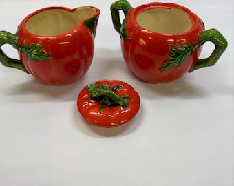 Vintage Tomato Ceramic Creamer and Sugar Bowl with Lid