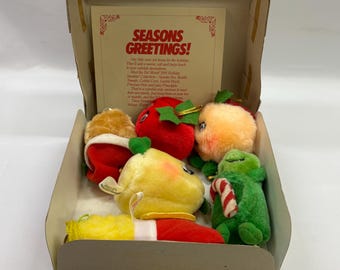 Box of Vintage Del Monte Plush Fruit Christmas Ornaments