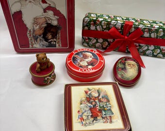 Lot of 5 Vintage Santa Claus Christmas Tins & Christmas Coasters