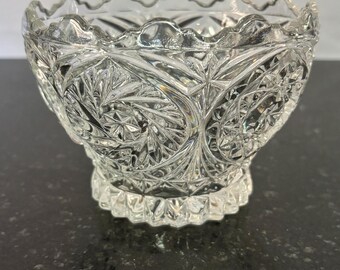 Vintage Pressed Glass Bowl Ruffled Rim, Cut Floral and Star Pedestal Bowl