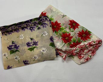 Lot of 2 Vintage Floral Hankies Purple Violets & Red Poinsettias