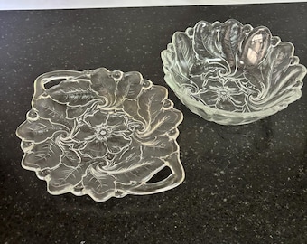 Vintage Clear Pressed Glass Tray with Handles and Matching Bowl Floral Pattern
