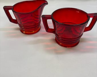 Vintage Red Glass Pair of Creamer and Sugar