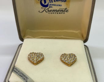 Krementz Vintage Gold Heart Rhinestone Earrings
