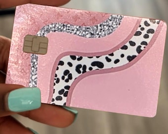 Pink leopard print and glitter debit/credit card skins