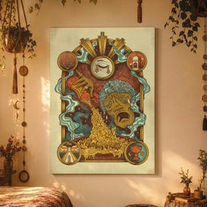 Op de afbeelding: Een ingelijste kunstprint met een surrealistische illustratie. Het toont een huilend gezicht, een hand die vloeistof giet en diverse symbolen. De kleuren goud, blauw, rood en bruin geven het een vintage uitstraling.