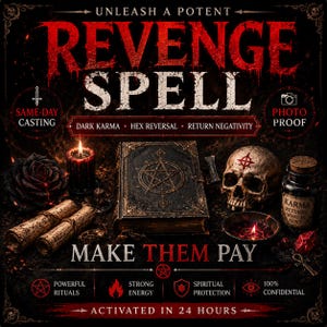 May include: A dark-themed graphic featuring the text REVENGE SPELL and MAKE THEM PAY. The image displays a black book with a pentagram, a human skull with a red symbol, two scrolls, a black rose, a candle, and a bottle labeled KARMA RETURNS WHAT IS SENT.