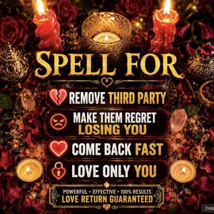 May include: A graphic design featuring the text SPELL FOR with four lines: REMOVE THIRD PARTY, MAKE THEM REGRET LOSING YOU, COME BACK FAST, and LOVE ONLY YOU. The background displays red roses, lit candles, and crystals in a dark setting.