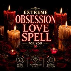 Könnte beinhalten: Vier brennende Kerzen in Rot und Creme mit tropfendem Wachs, umgeben von dunkelroten Rosen und Blütenblättern. Der Text lautet EXTREME OBSESSION LOVE SPELL FOR YOU, mit Symbolen für Fotobeweis, personalisiertes Ritual und digitale Zustellung.