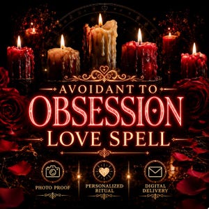 May include: A dark, atmospheric graphic featuring multiple lit candles with melting wax, surrounded by deep red roses and scattered petals. The text reads AVOIDANT TO OBSESSION LOVE SPELL, with icons for photo proof, personalized ritual, and digital delivery.
