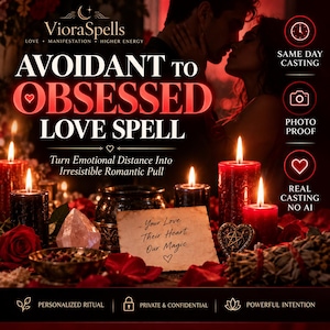 May include: A promotional graphic for VioraSpells featuring red and black candles, a crystal, a small bowl, and a parchment note with the text 'Your Love Their Heart Our Magic'. The background shows a couple in silhouette with red lighting and text.