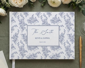 Personalized Blue Toile Wedding Guest Book, Custom Floral Linen Guestbook for Reception, Grandmillennial Something Blue Keepsake,